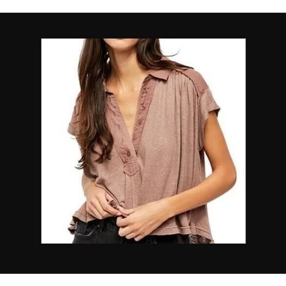 Free People OB1102105 Women's Sz XS Brown Lowdown Henley Oversized Linen Top $78 - Picture 10 of 10
